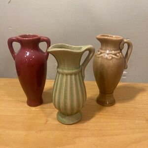 3 Vtg Miniature Art Pottery Pitcher Vertical Lines 4 1/2" Stangl 1930s ?